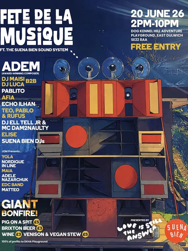 We’re BACK at Dog Kennel Hill Adventure Playground — where Love Is Still the Answer first came to life.
Sunshine incoming, Suena Bien Soundsystem locked in, and a full day of incredible acts ready to roll.
Expect:
🔥 Fire‑cooked venison + vegan stews
🔥 Pig on a spit + BBQ
🍻 Full bar
🎶 Music from 2PM–10PM
💛 All proceeds support the playground and its work with local kids
Come hungry, come ready to dance, come ready to show love. 🧡#freefestival #community #southlondon